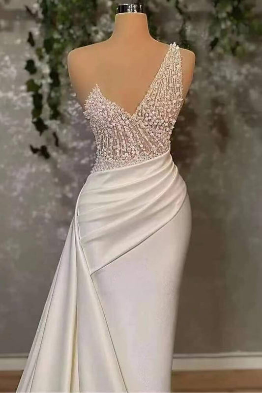 Ivory Elegant One-Shoulder Applique Prom Dress Mermaid with Ruffles