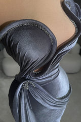 Dusty Blue One Shoulder Long Velvet Prom Dress Mermaid Sleeveless with Beads