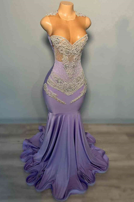 Modern Lilac Sleeveless Mermaid Prom Dress Scoop Long With Beadings