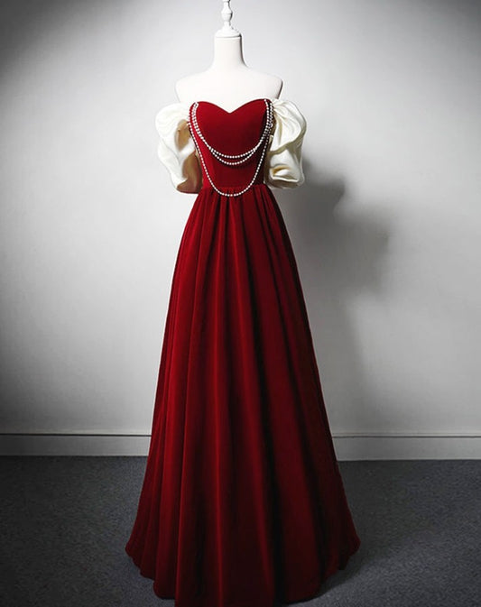 Burgundy Off-the-Shoulder Sweetheart Prom Dress with Beadings