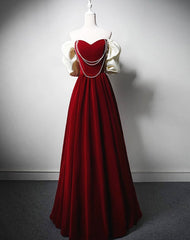 Burgundy Off-the-Shoulder Sweetheart Prom Dress with Beadings