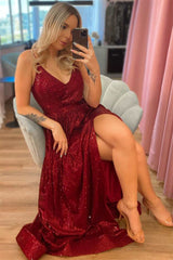 Modern Burgundy Spaghetti-Straps Prom Dresses Sequins Split V-Neck Long