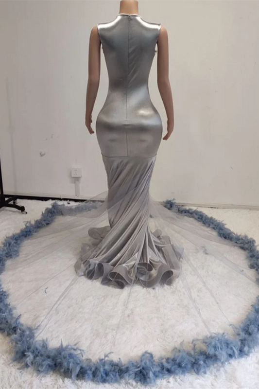 Modern Silver Scoop Sleeveless Prom Dress Mermaid Long With Beadings Feather