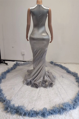 Modern Silver Scoop Sleeveless Prom Dress Mermaid Long With Beadings Feather