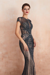 New Arrival Short Sleeves Mermaid Prom Dress Beadings Keyhole