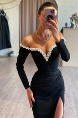 Stunning Black Long Sleeves Pearl Evening Prom Dresss Off-the-Shoulder High Split V-Neck