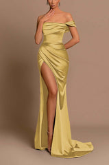 Charming Sage Green Evening Dress Off the Shoulder Sleeveless Slit Pleated