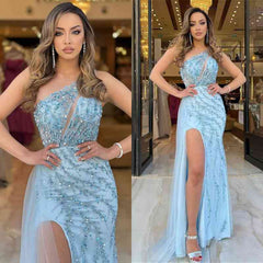Evening Dress Blue One Shoulder With High Slit Sequins Sleeveless