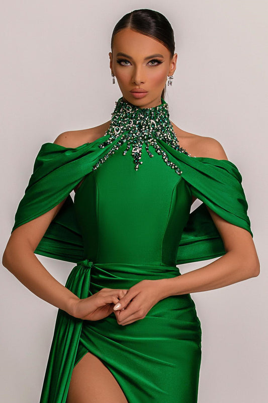 Classic Emerald Green High Neck Mermaid Prom Dress Split With beads