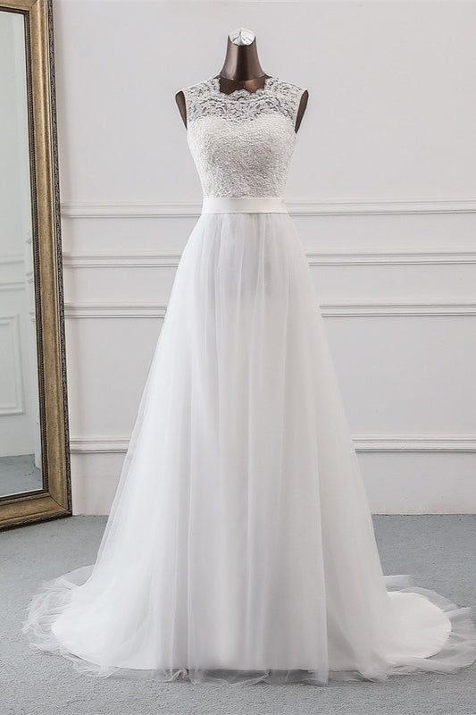 Long A-line Vintage Wedding Dress in Jewel Tulle with Lace Appliques