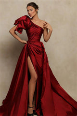 Burgundy Mermaid Long Evening Dress Strapless Split Pleated