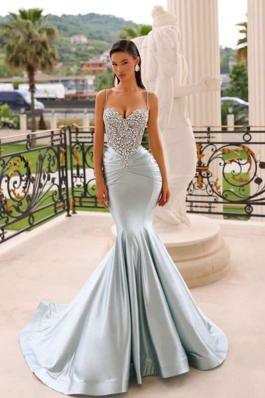 Prom Dress Spaghetti Strap Long Mermaid Satin Sequins Beadings
