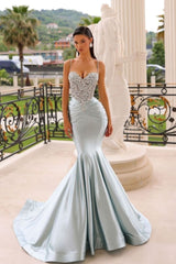 Prom Dress Spaghetti Strap Long Mermaid Satin Sequins Beadings