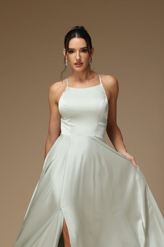 Prom Dress Spaghetti Strap Long Light Green Sleeveless Slit