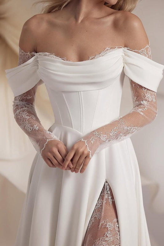 Elegant White Satin Off-the-Shoulder Gown with Long Sleeves and Lace Split | Ballbellas