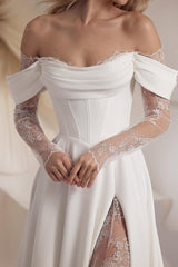 Elegant White Satin Off-the-Shoulder Gown with Long Sleeves and Lace Split | Ballbellas