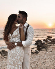 Elegant Lace Backless Mermaid Wedding Dress with Long V-neck and Floral Details
