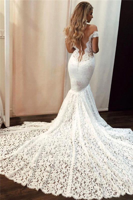 Elegant Mermaid-style Floor-length Off-the-shoulder Bridal Gown with Lace Appliques