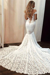Elegant Mermaid-style Floor-length Off-the-shoulder Bridal Gown with Lace Appliques