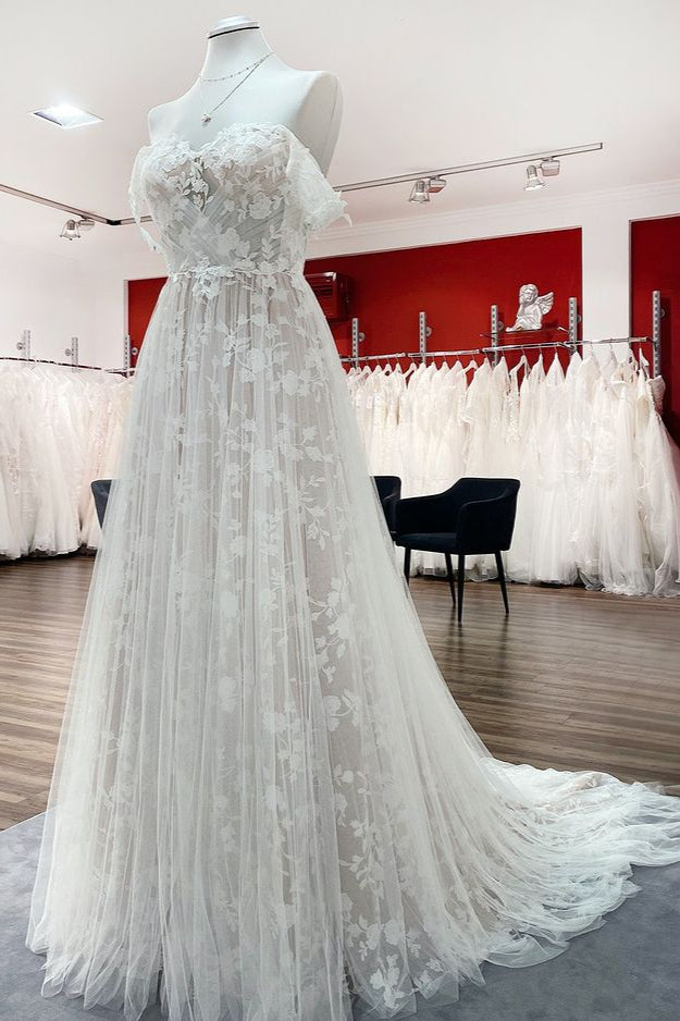 Stunning Off-the-shoulder A-line Wedding Dress with Long Tulle Ruffles and Appliques Lace