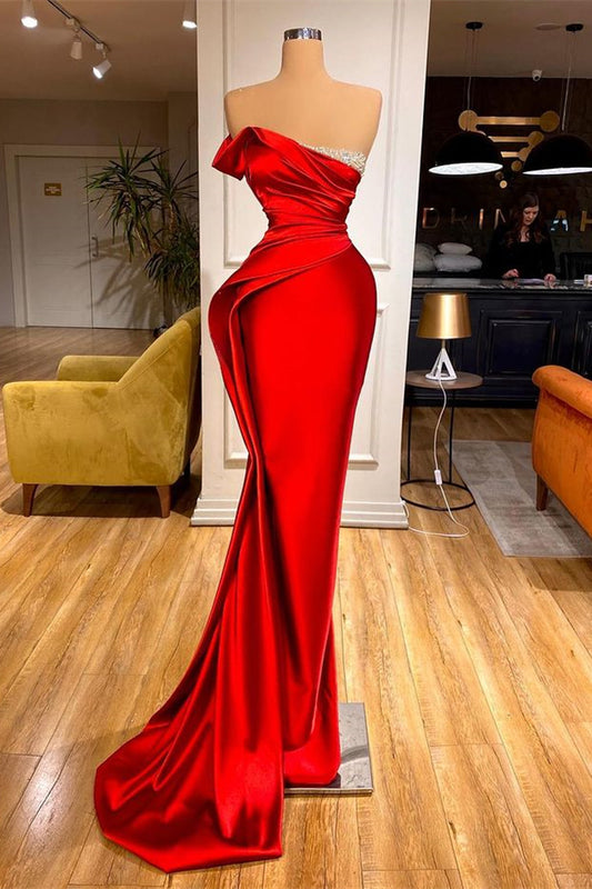 Red Strapless Mermaid Prom Dress Long Pleated with Beads