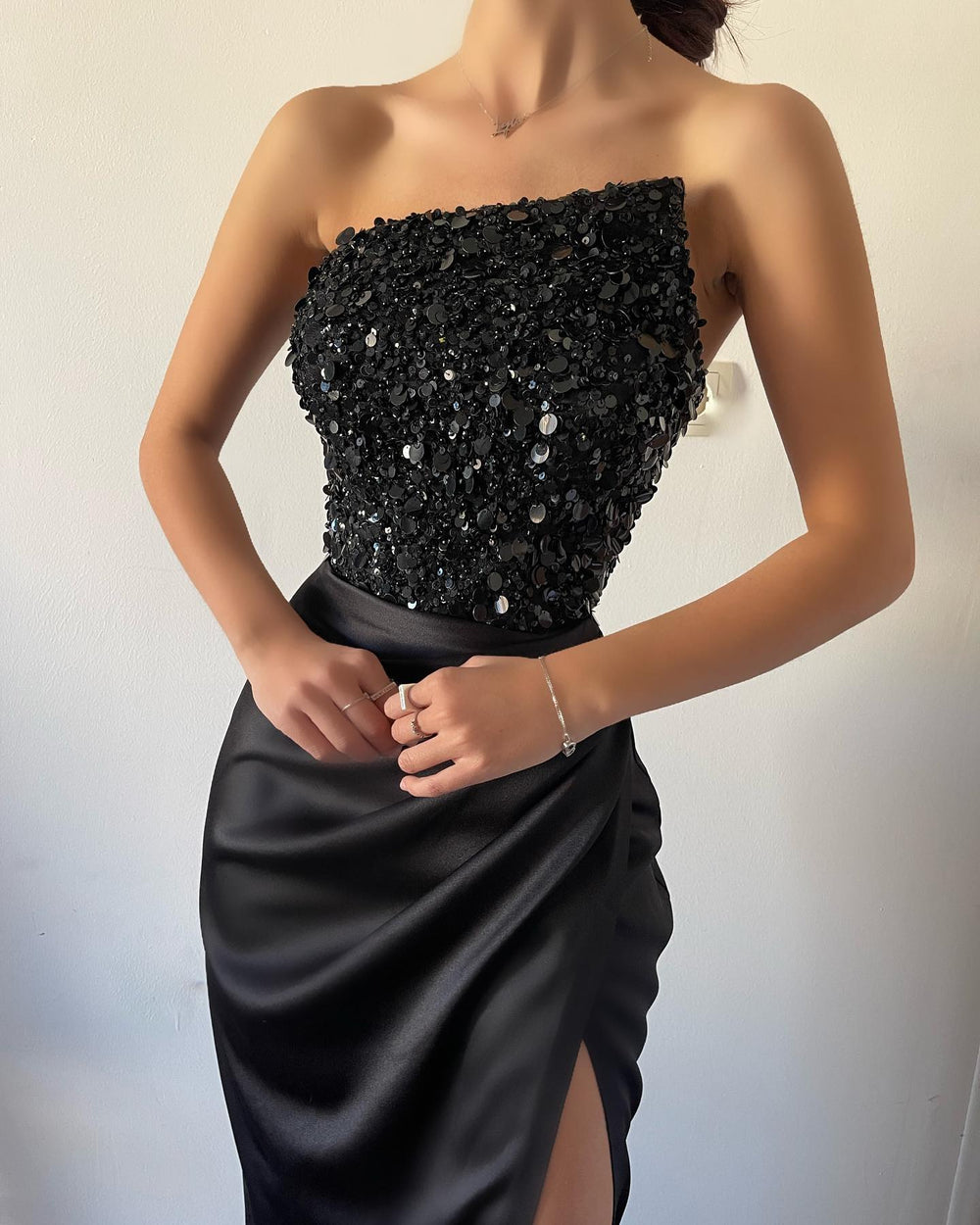 New Arrival Black Strapless Prom Dress Split Long With Sequins Sleeveless