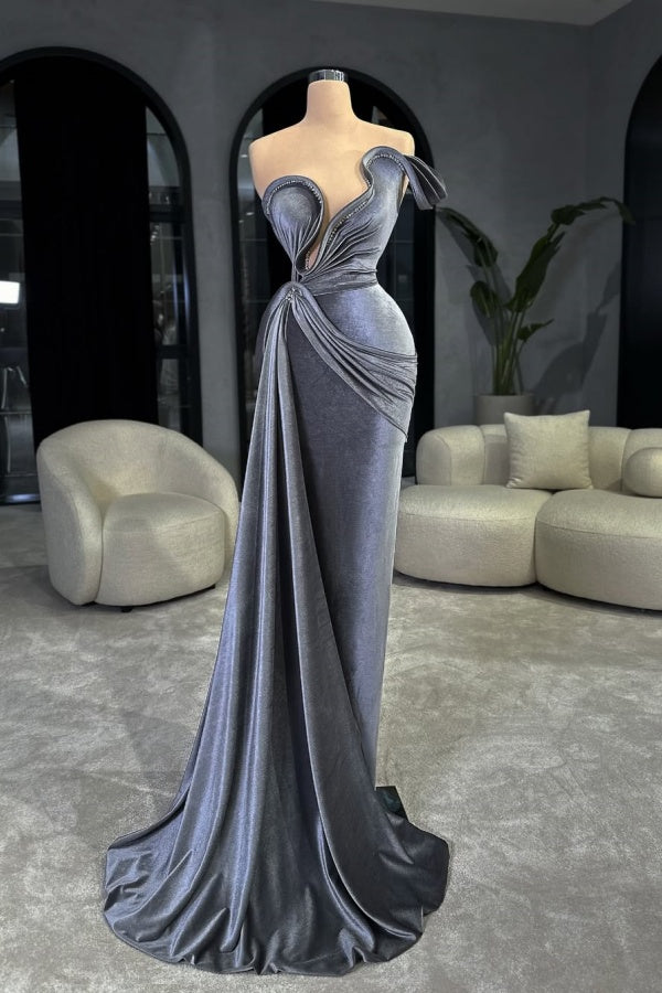 Dusty Blue One Shoulder Long Velvet Prom Dress Mermaid Sleeveless with Beads