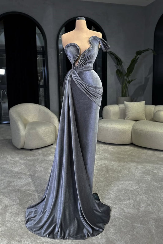 Dusty Blue One Shoulder Long Velvet Prom Dress Mermaid Sleeveless with Beads