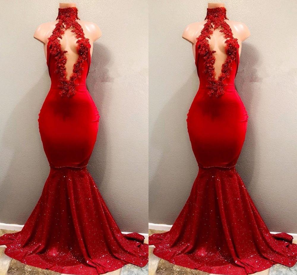 Red High Neck Glittering Mermaid Prom Dress