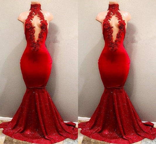 Red High Neck Glittering Mermaid Prom Dress