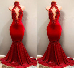Red High Neck Glittering Mermaid Prom Dress