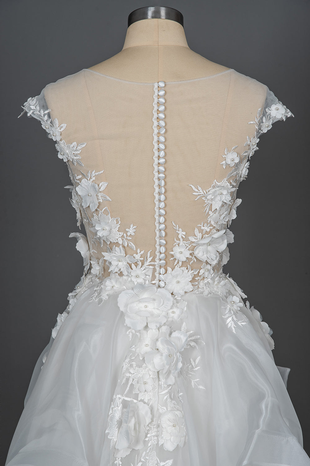 Elegant Cap Sleeve Wedding Gown with Floral Appliques and Jewel Accents