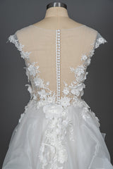 Elegant Cap Sleeve Wedding Gown with Floral Appliques and Jewel Accents