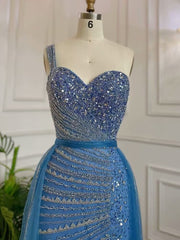 Elegant Sleeveless Mermaid Split One Shoulder Evening Dress Sequins With Tulle Overskirt