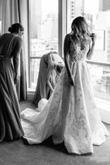 A-line Wedding Dress with Elegant V-neck and Floral Bead Straps