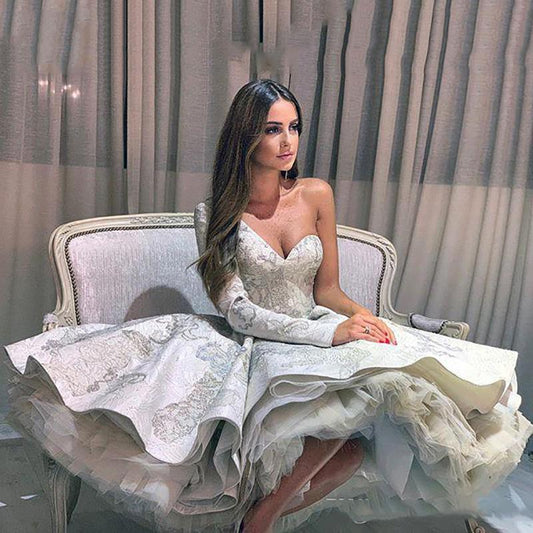 Elegant One-Shoulder Floral Short Wedding Dress with A-line Sleeves