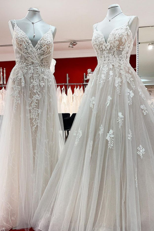 Elegant Backless V-Neck A-Line Wedding Gown with Ruffles and Sleeveless Design