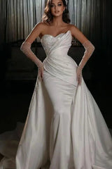 Long-Sleeved Beaded Mermaid Wedding Gown in White with Detachable Skirt