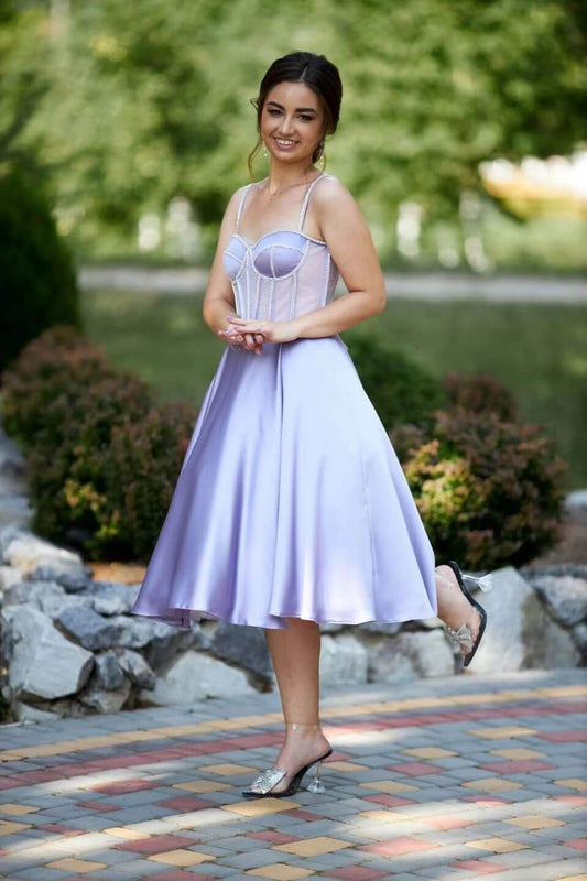 Lilac Spaghetti-Straps Sleeveless Tea Length Evening Dress with Beads