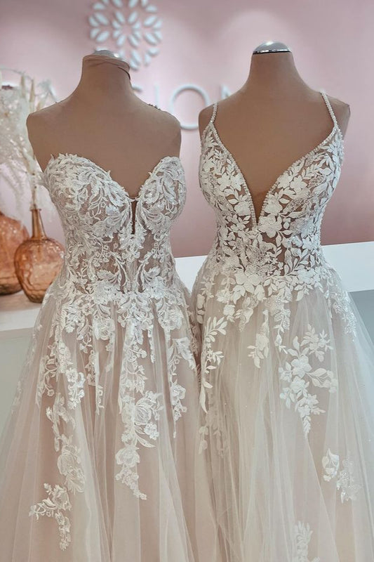 Elegant A-Line Floor-length Wedding Gown with Backless Design and Tulle Lace Appliques