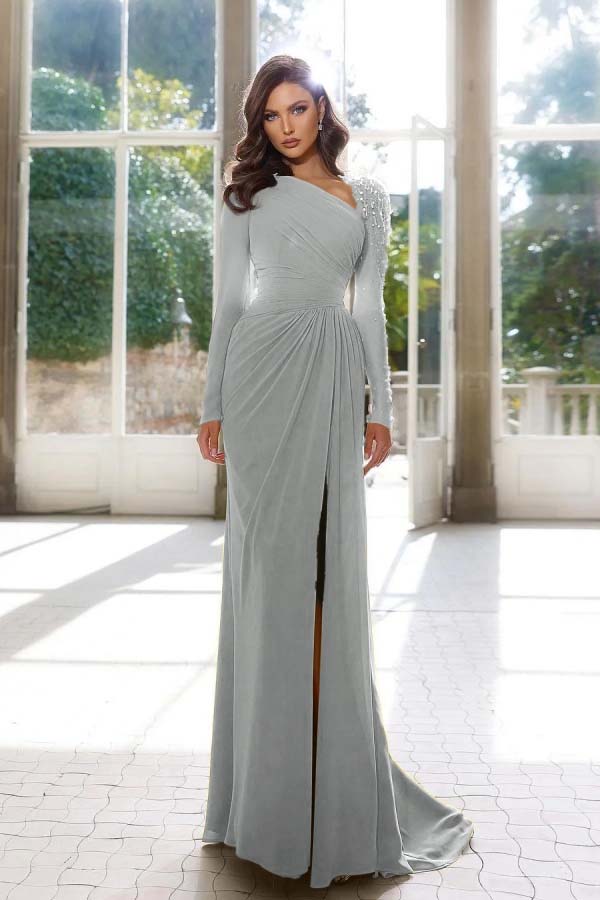 Elegant Long Sleeve Yellow Prom Dress Asymmetric Pleated Slit