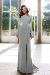 Elegant Long Sleeve Yellow Prom Dress Asymmetric Pleated Slit