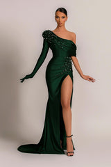 Gorgeous Dark Green One Shoulder Single Sleeve Mermaid Prom Dress Beadings With Split