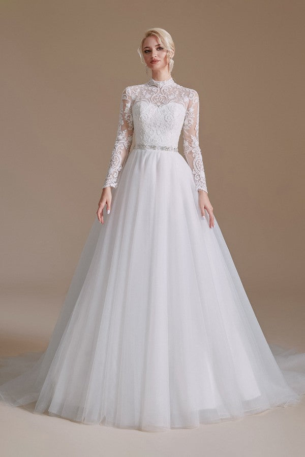 Elegant A-line Wedding Gown with High Neck, Long Sleeves, and Tulle Lace