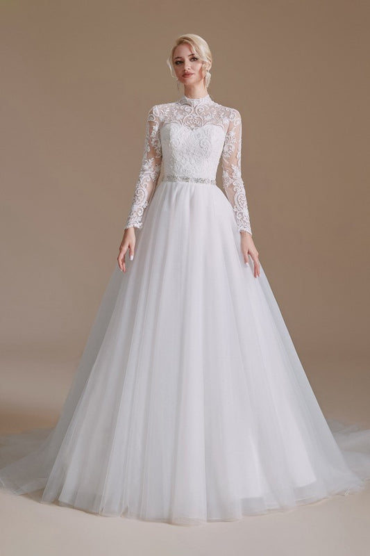 Elegant A-line Wedding Gown with High Neck, Long Sleeves, and Tulle Lace