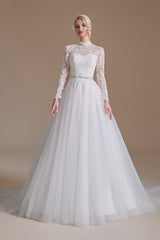 Elegant A-line Wedding Gown with High Neck, Long Sleeves, and Tulle Lace