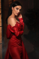 Amazing Long Sleeves Red Prom Dress Off-the-Shoulder Mermaid Split Ruffles