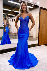 Charming Royal Blue Spaghetti-Straps Prom Dress Mermaid Sleeveless With Beads