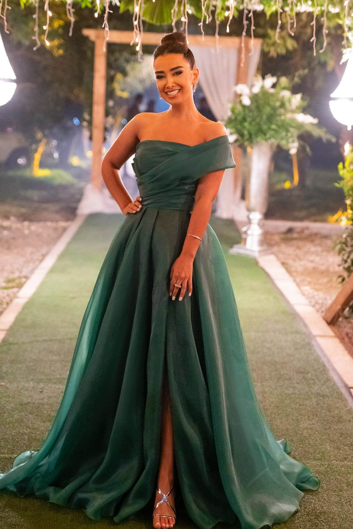 Dark Green Strapless One Shoulder Mermaid Front Split Evening Dress with Bowknot