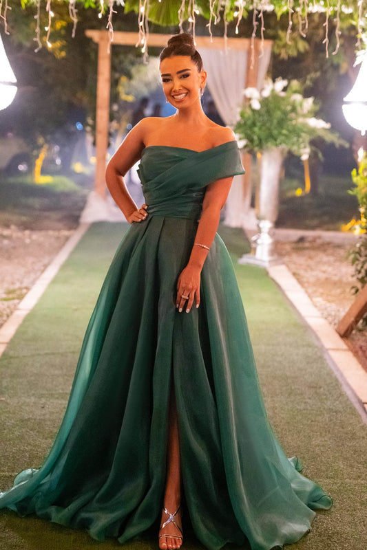 Dark Green Strapless One Shoulder Mermaid Front Split Evening Dress with Bowknot